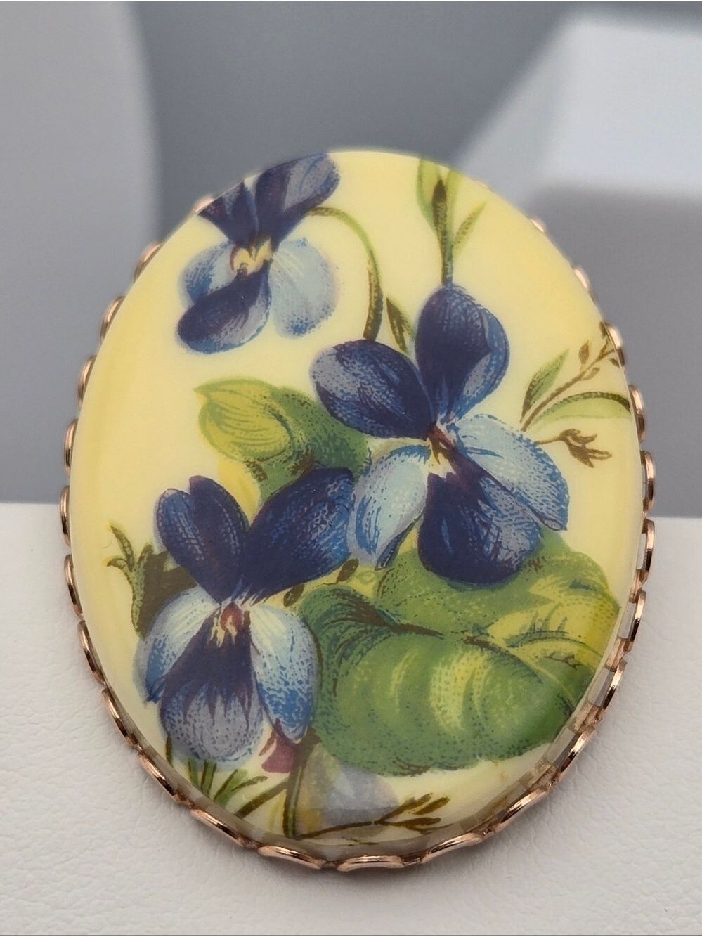 Vintage Hand Painted Violet Brooch Pansy Floral Cameo Oval 1.5" Romantic